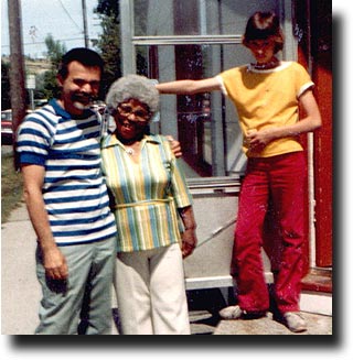 Peter, Karla, and a friend in front of Little Favors - 1983?